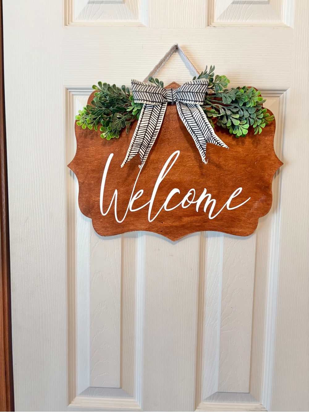 Wooden "Welcome" Door Sign with Greenery and Bow